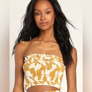 Lulus Match the Vibe Ivory and Yellow Floral Print Smocked Tube Top